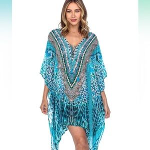 NWT True Colours by La Moda Aqua Blue Print Semi-Sheer Caftan Dress One Size